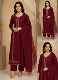 3pc Gul Ahmed Lawn Mukesh Embroided Dress (Meroon)