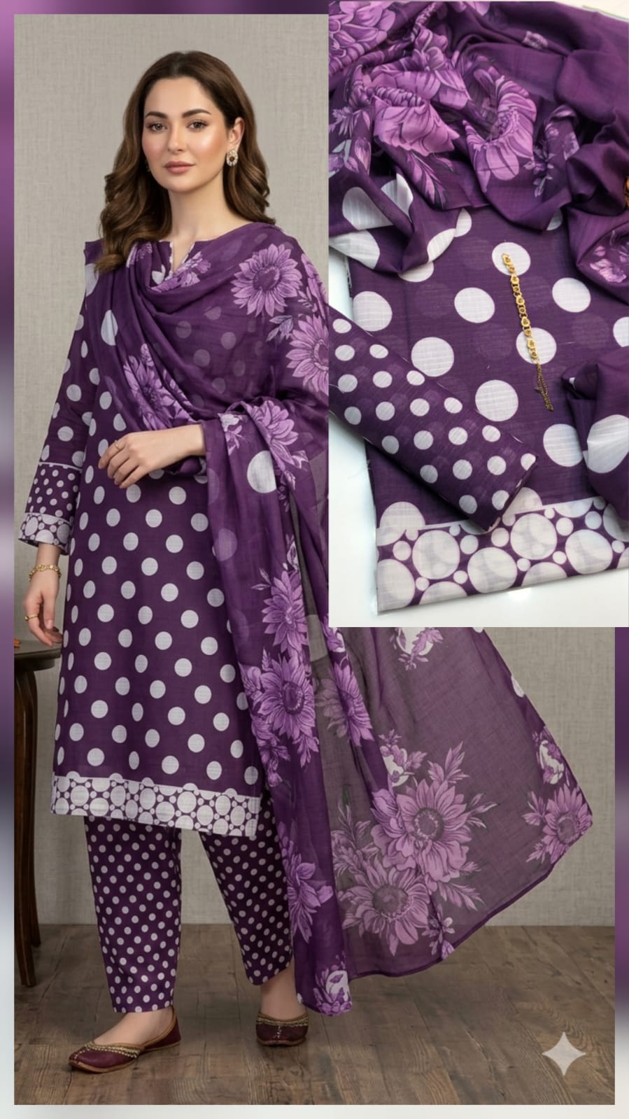 3pc Swiss Lawn Polka Print Dress
