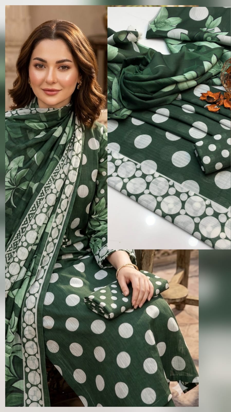3pc Swiss Lawn Polka Print Dress