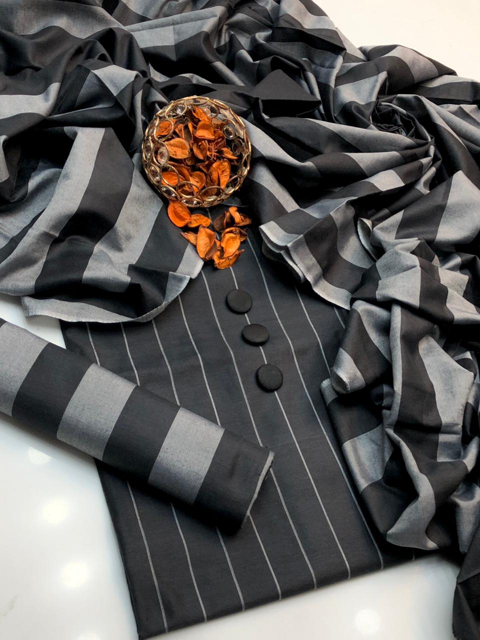 3pc Swiss Lawn Summer Dress Black/Grey