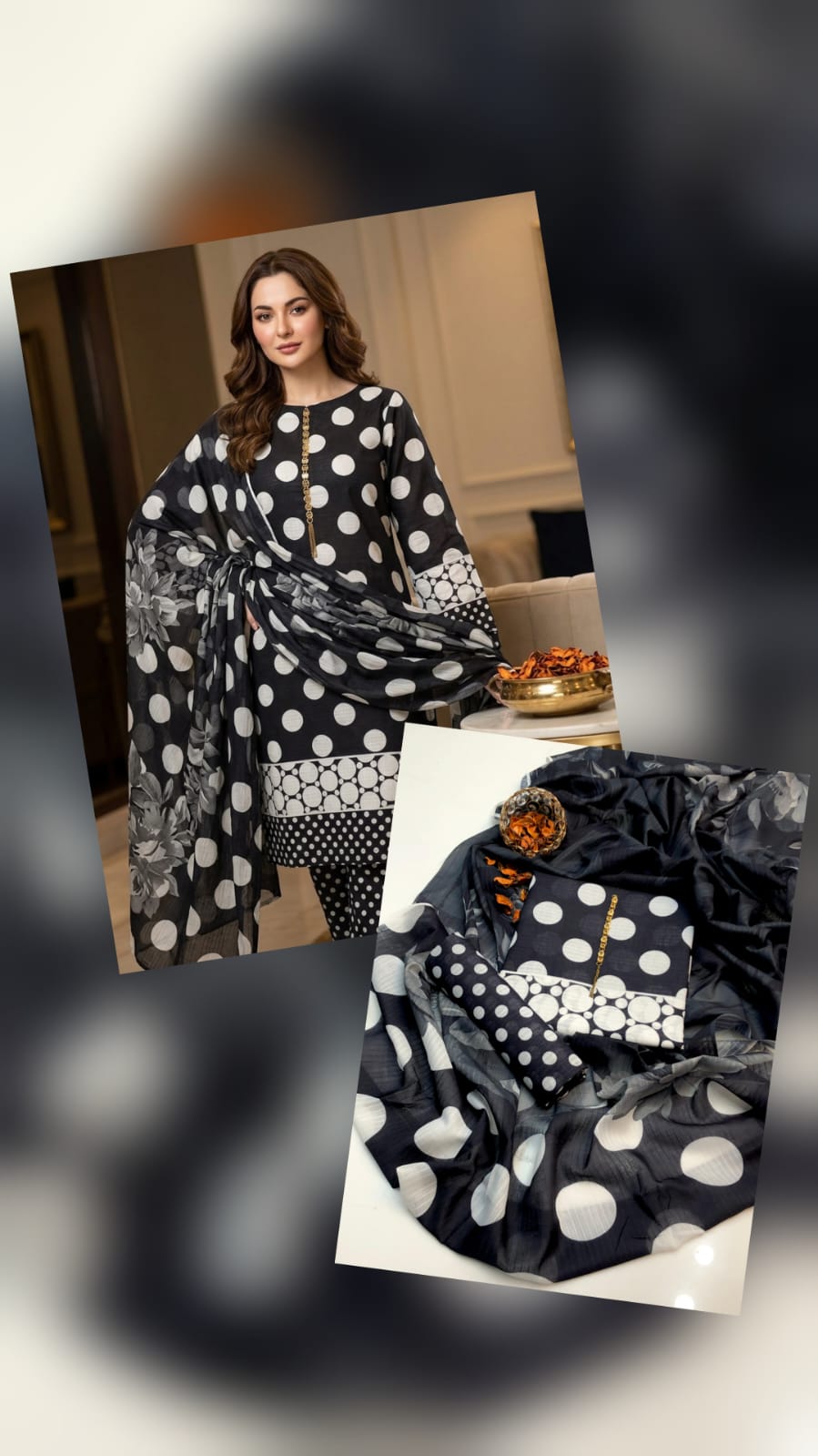 3pc Swiss Lawn Polka Print Dress