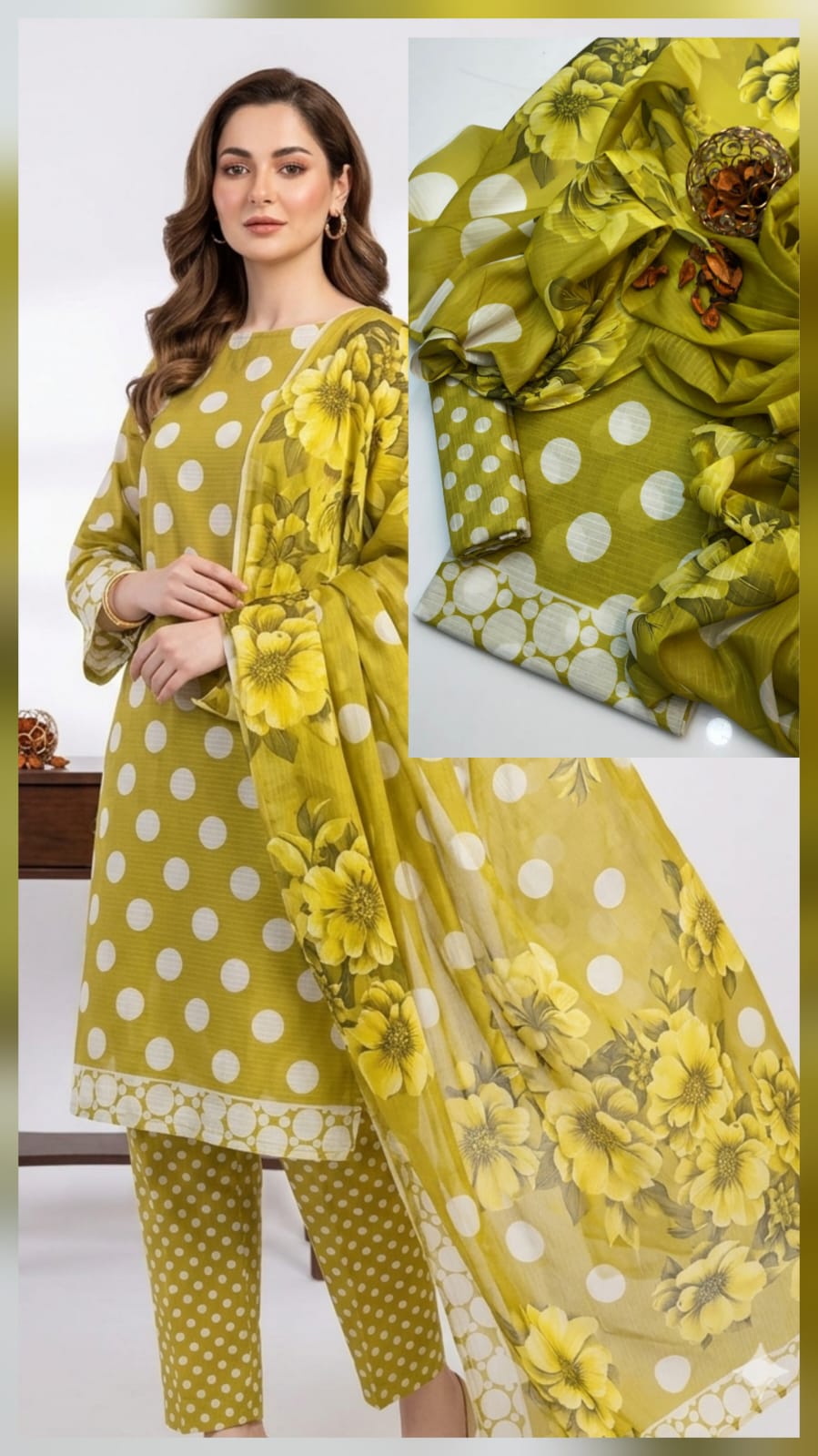 3pc Swiss Lawn Polka Print Dress